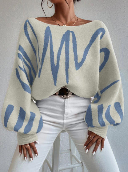 Slouchy Boatneck Balloon Sleeve Abstract Knit Sweater Jumper | Sweaters | Pekosa Women Clothing