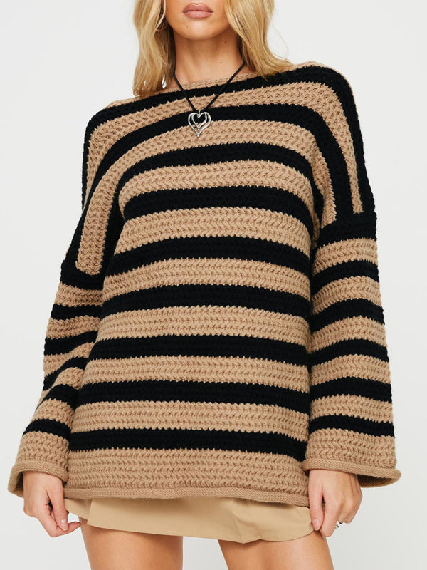 Sweaters-Stripe Knit Sweater | Winter Chunky Oversized Jumper-Pekosa Women Clothing