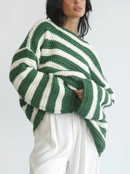 Sweaters-Stripe Knit Sweater | Winter Chunky Oversized Jumper-Pekosa Women Clothing