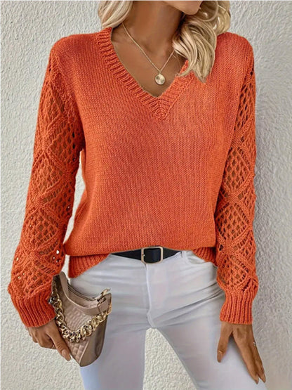 Sweaters- V-neck Hollow Out Embroidery Long Sleeve Sweater Knit Top- - IndioGear.com