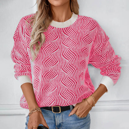 Sweaters- Wave Pattern Cozy Sweater Knit Patterned Jumper- - IndioGear.com