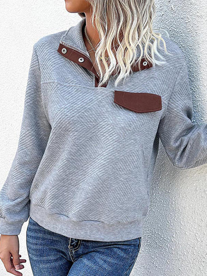 Sweatshirts- Chevron Raglan Sleeve Sweatshirt - T-shirt with High Neck, Faux Pocket- - IndioGear Fashion and Gear