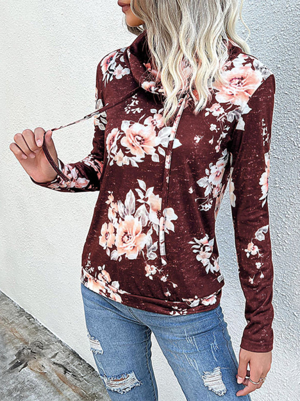 Sweatshirts- Floral Cowl Neck Sweatshirt - Adjustable Drawstring, Long Sleeve Top- - IndioGear Fashion and Gear