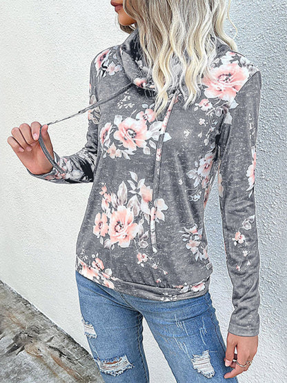 Sweatshirts- Floral Cowl Neck Sweatshirt - Adjustable Drawstring, Long Sleeve Top- - IndioGear Fashion and Gear