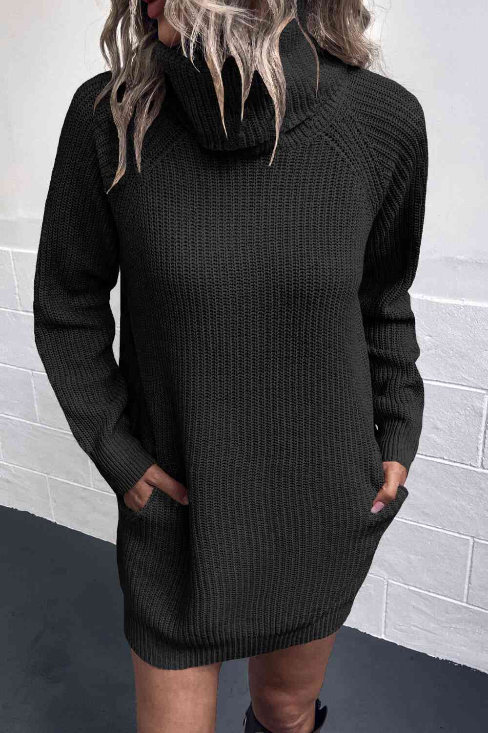 Turtleneck Sweater Dress with Pockets - Sweater Dresses - FITGGINS