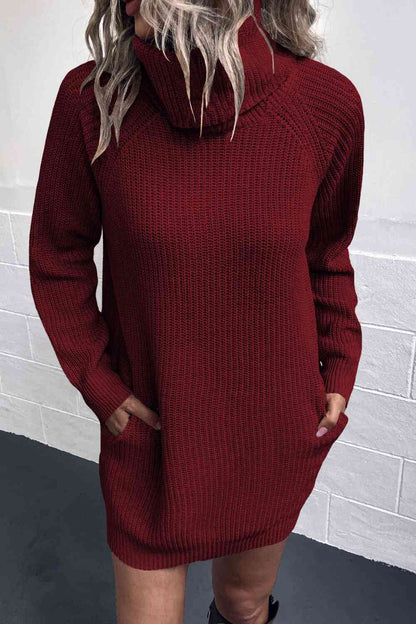 Turtleneck Sweater Dress with Pockets - Sweater Dresses - FITGGINS