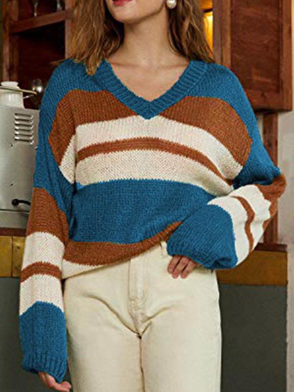 V-Neck Color-Block Long Sleeve Knitted Sweater Shopvhs.com