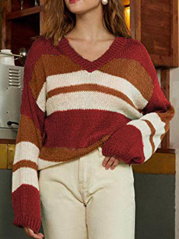 V-Neck Color-Block Long Sleeve Knitted Sweater Shopvhs.com