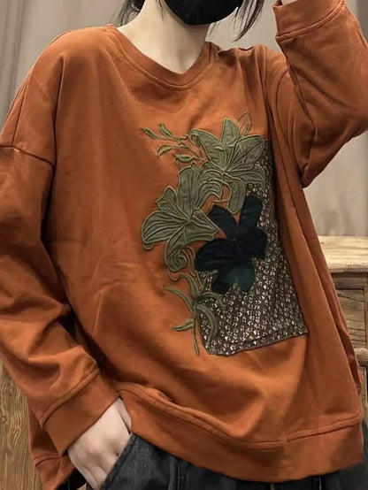 Women Artsy Spring Lily Embroidery O-Neck Sweatshirt Ada Fashion