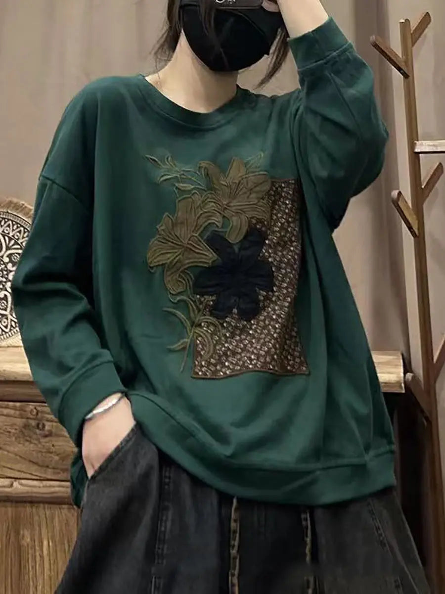 Women Artsy Spring Lily Embroidery O-Neck Sweatshirt Ada Fashion