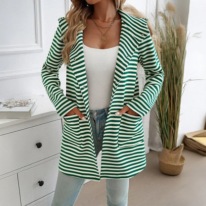 Women Raincoats- Long Sleeve Hooded Bi-color Striped Raincoat- - IndioGear.com