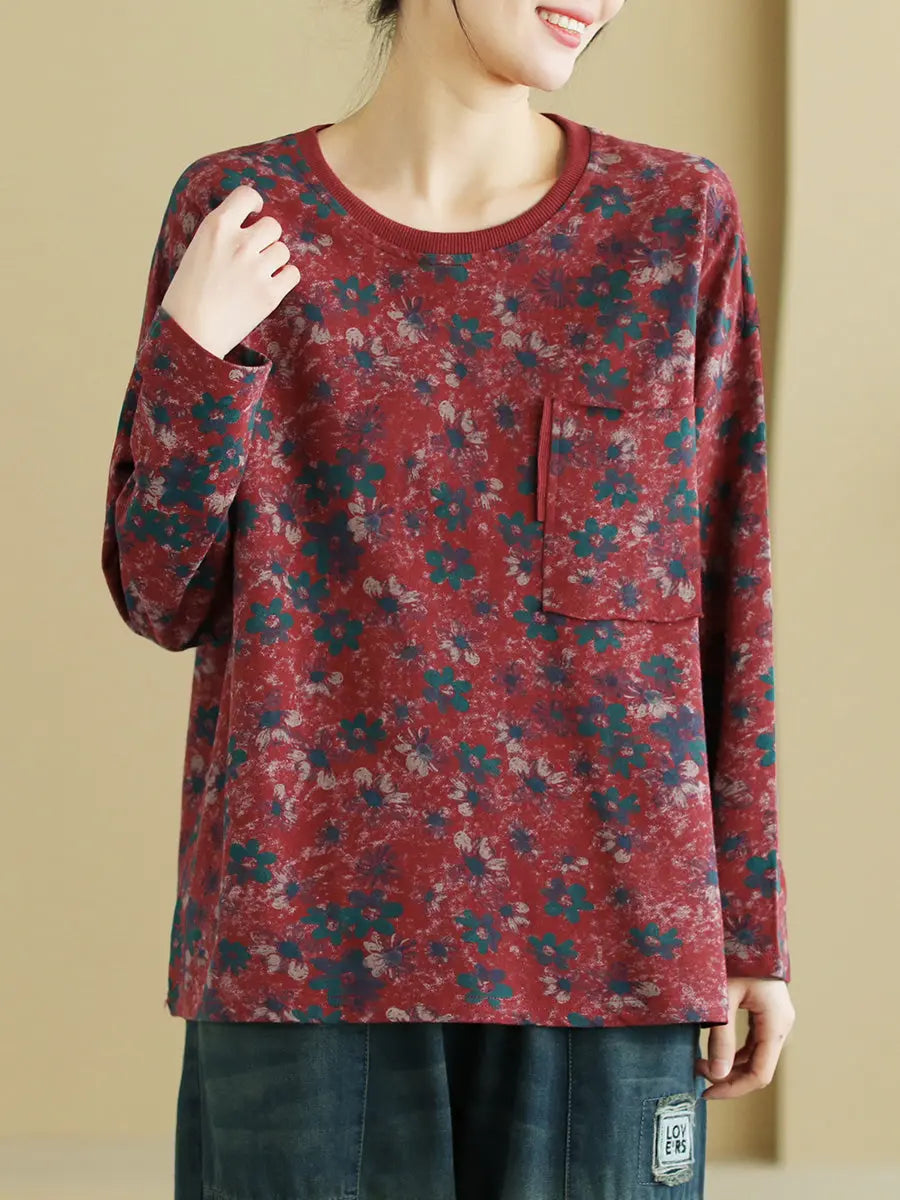 Women Vintage Cotton Flower O-Neck Sweatshirt Ada Fashion