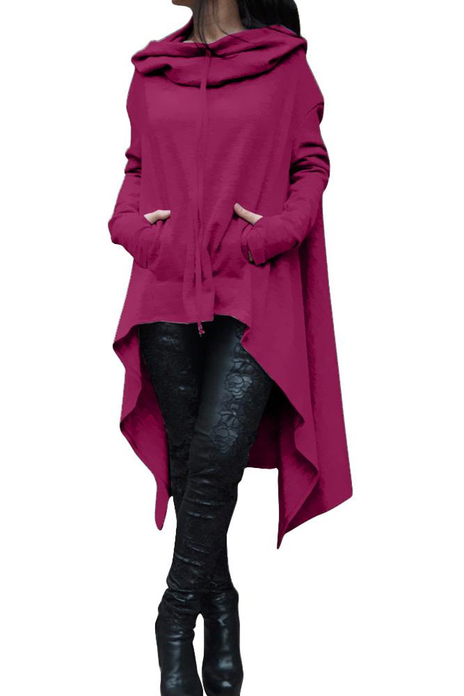 Solid Color Pile Neck Pocket Irregular Long Hoodie