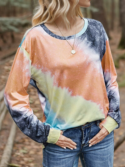 Tie Dye Round Neck Long Sleeve T-Shirt (2 Colors) Shirts & Tops Krazy Heart Designs Boutique Dusty  Blue S 