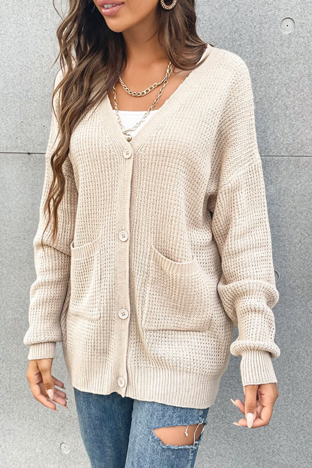 Button Front Drop Shoulder Waffle Cardigan - Mervyns