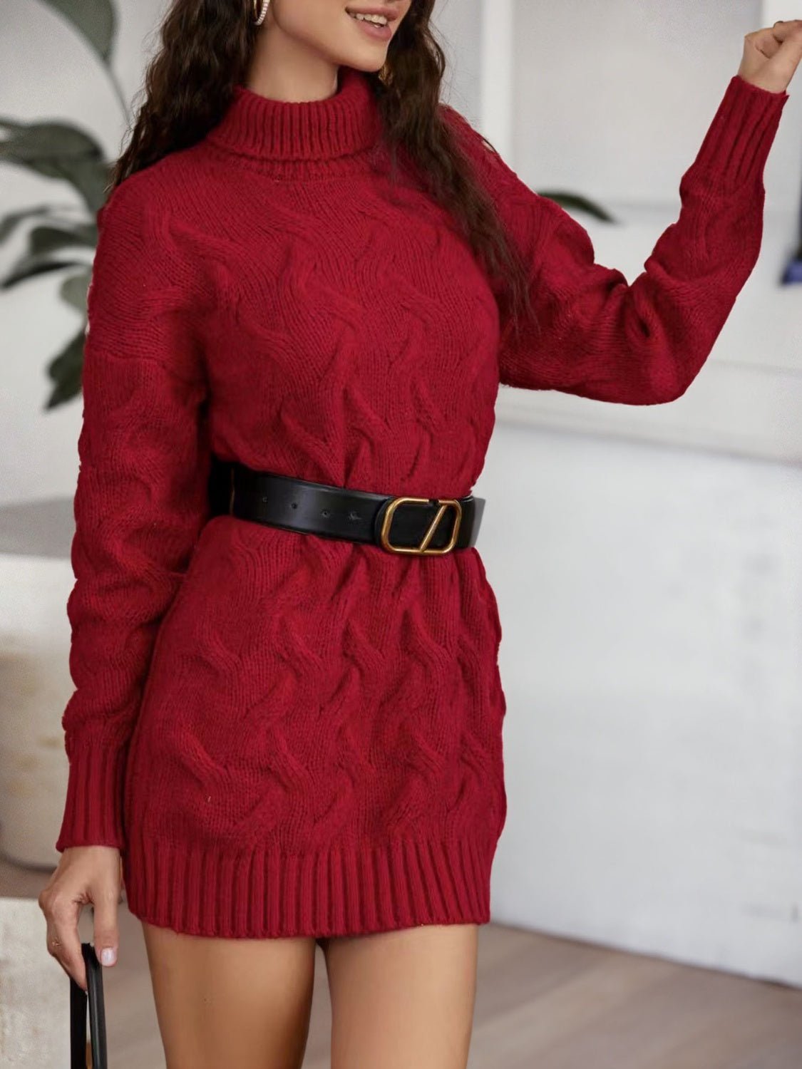 Cable - Knit Turtleneck Sweater Dress - Admiresty