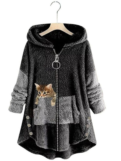 Coats - Cute Hooded Zipper Cat Printed Coat - MsDressly