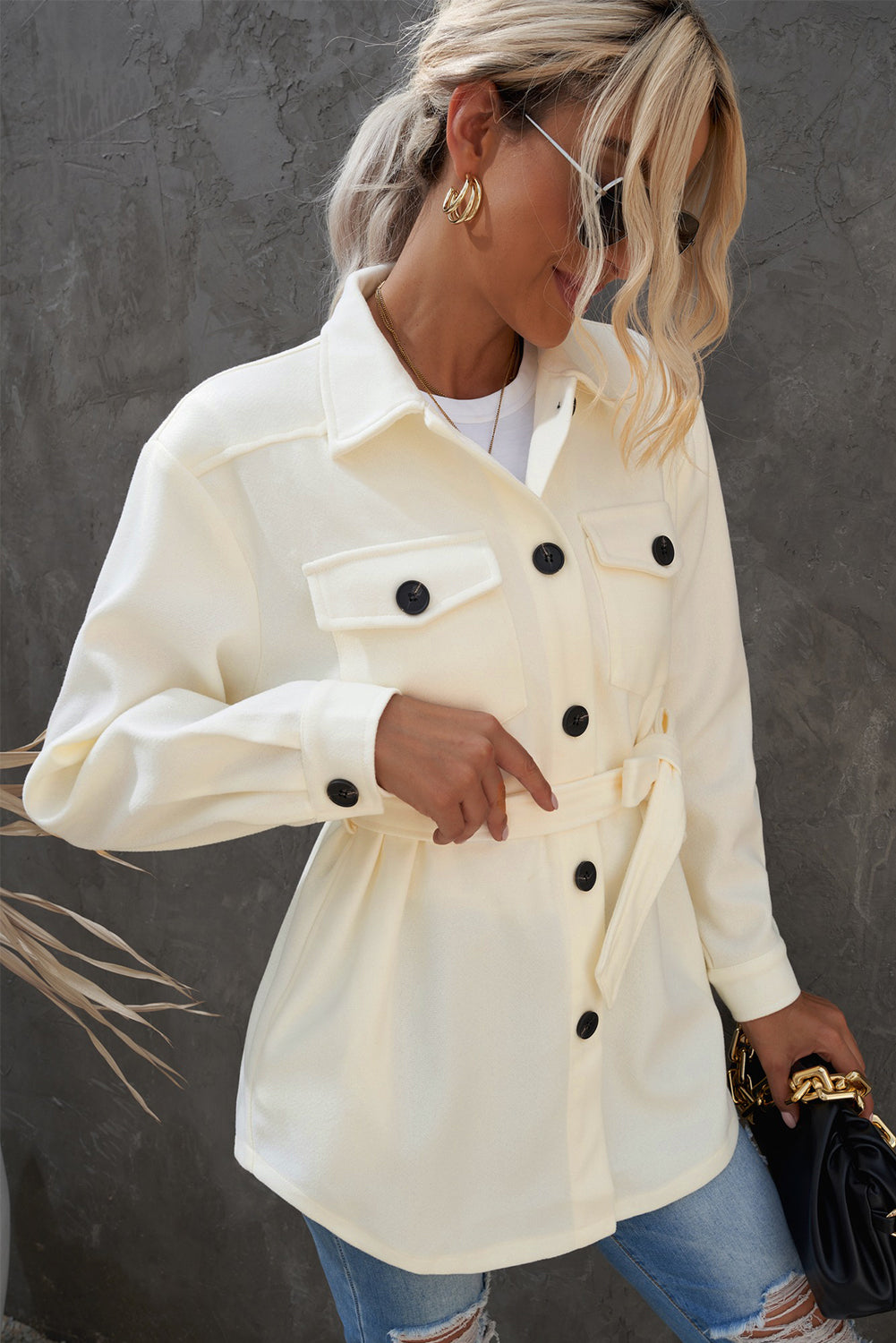 Lapel Button-Down Coat With Chest Pockets - Coats - Sunny Angela