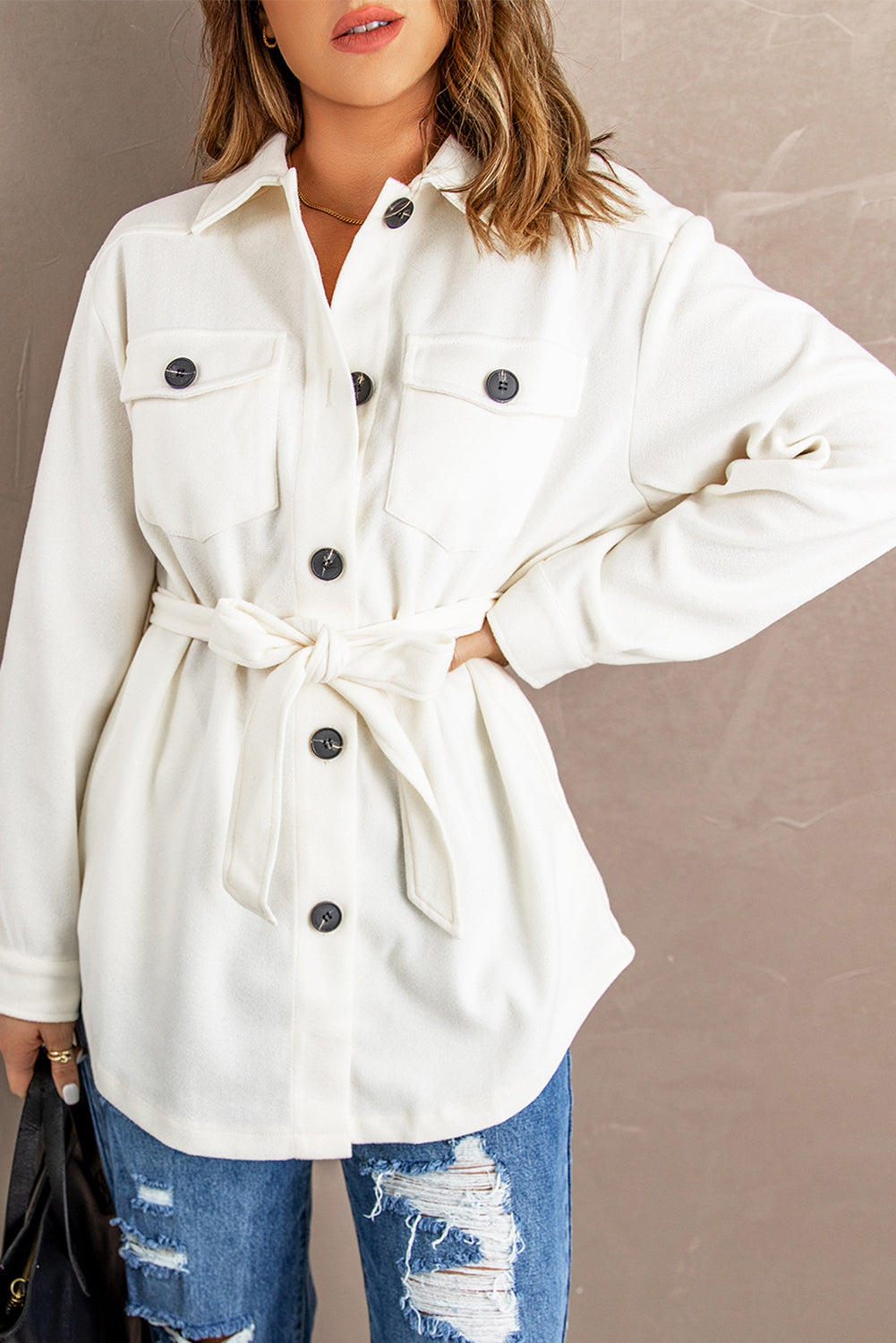 Lapel Button-Down Coat With Chest Pockets - Coats - Sunny Angela