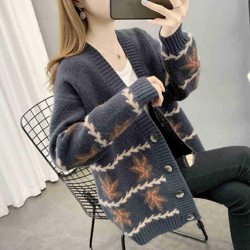 Maple Leaf Jacquard Knitted Cardigan Women's Loose Sweater - Trendha