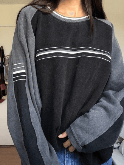 Patchwork Striped Crew Sweatshirt - AnotherChill