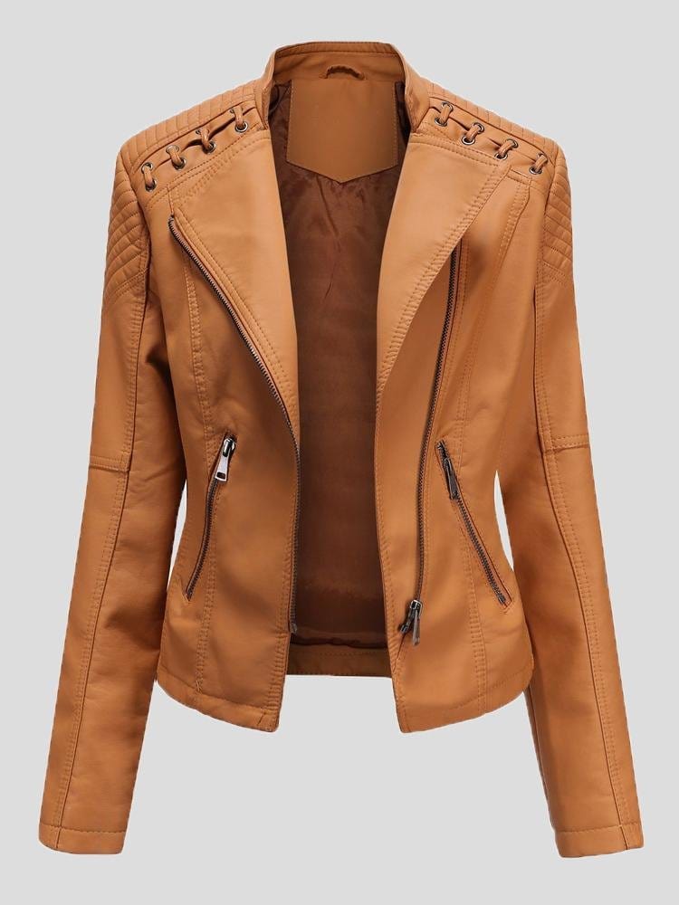 Jackets - Short Slim Leather Motorcycle Jacket - MsDressly