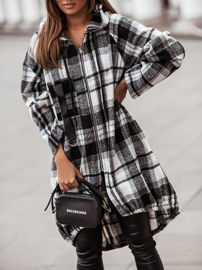 Coats Zip Check Shirt Mid-Length Hooded Coat - LuckyFash™