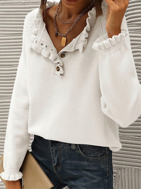 Women's Sweaters Casual Button Ruffle Long Sleeve Sweater - LuckyFash™