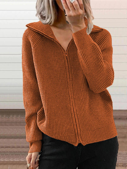 Women's Sweaters Casual Lapel Zip Long Sleeve Sweater - LuckyFash™