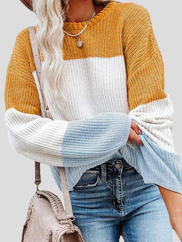 Women's Sweaters Contrasting Color Pullover Lantern Long Sleeve Sweater - LuckyFash™